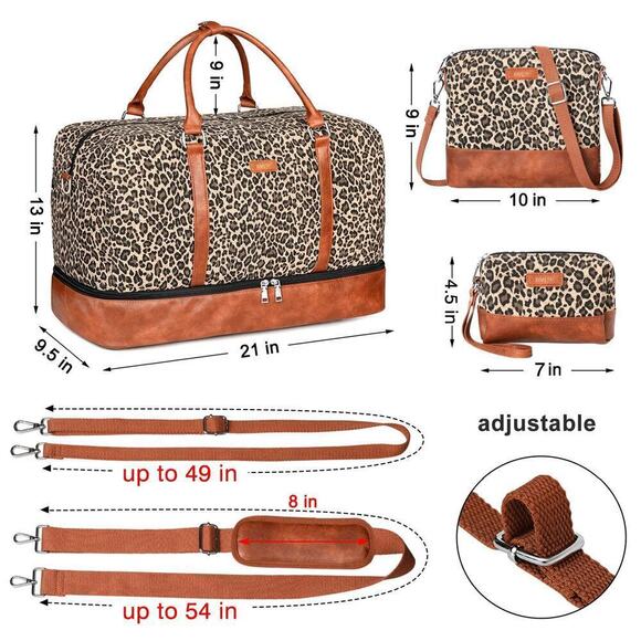 Weekender Bag for Women Canvas Large Travel Bag Carry on 21.5" (Brown Leopard) - Picture 4 of 7